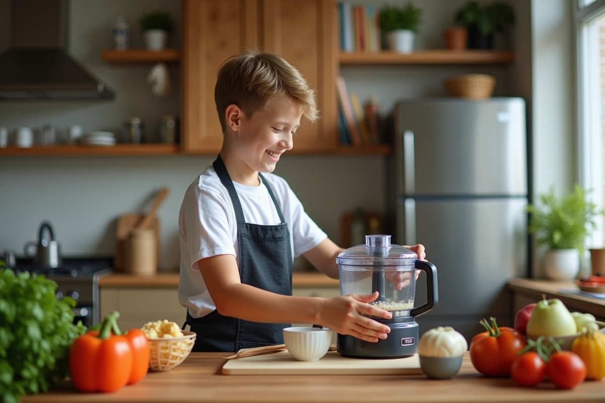 Adolescent souriant utilisant un robot culinaire dans une cuisine urbaine