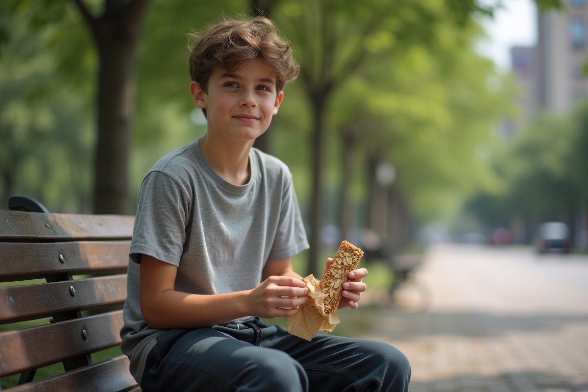 Adolescent dans un parc en train de déballer une barre d