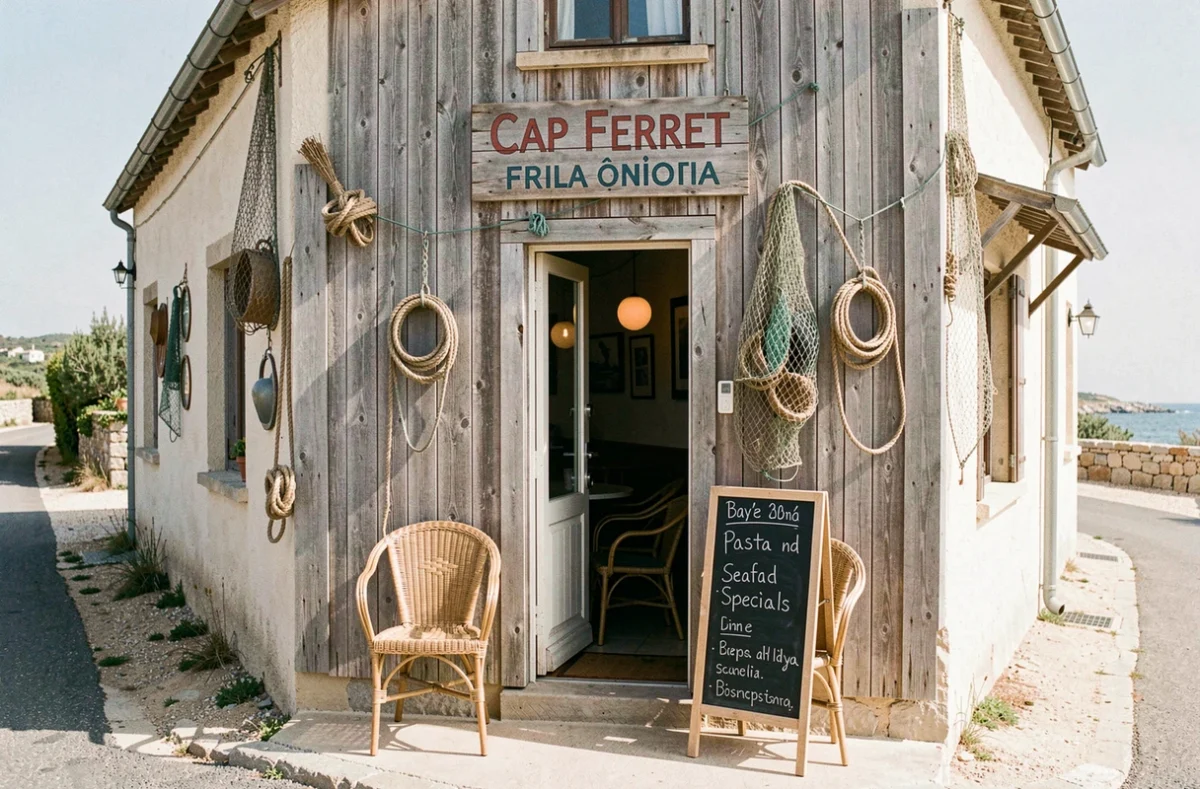 Façade d'un restaurant franco-italien au Cap Ferret avec enseigne peinte à la main, tableau ardoise des spécialités du jour et décor maritime côtier