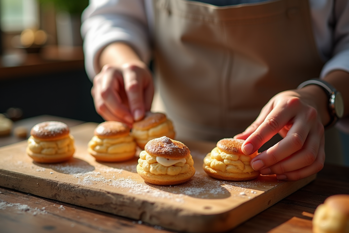Chef assemble des profiteroles sur table en bois rustic