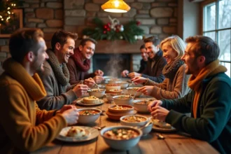 Groupe d'amis partageant un repas convivial d'hiver