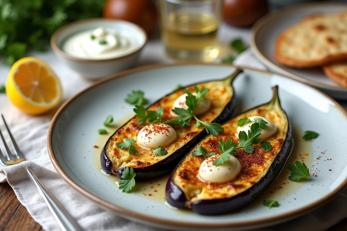 Assiette d'aubergines au four servies avec du tahini, du persil frais, du citron et du paprika fumé, accompagnées de yaourt grec et de pain plat