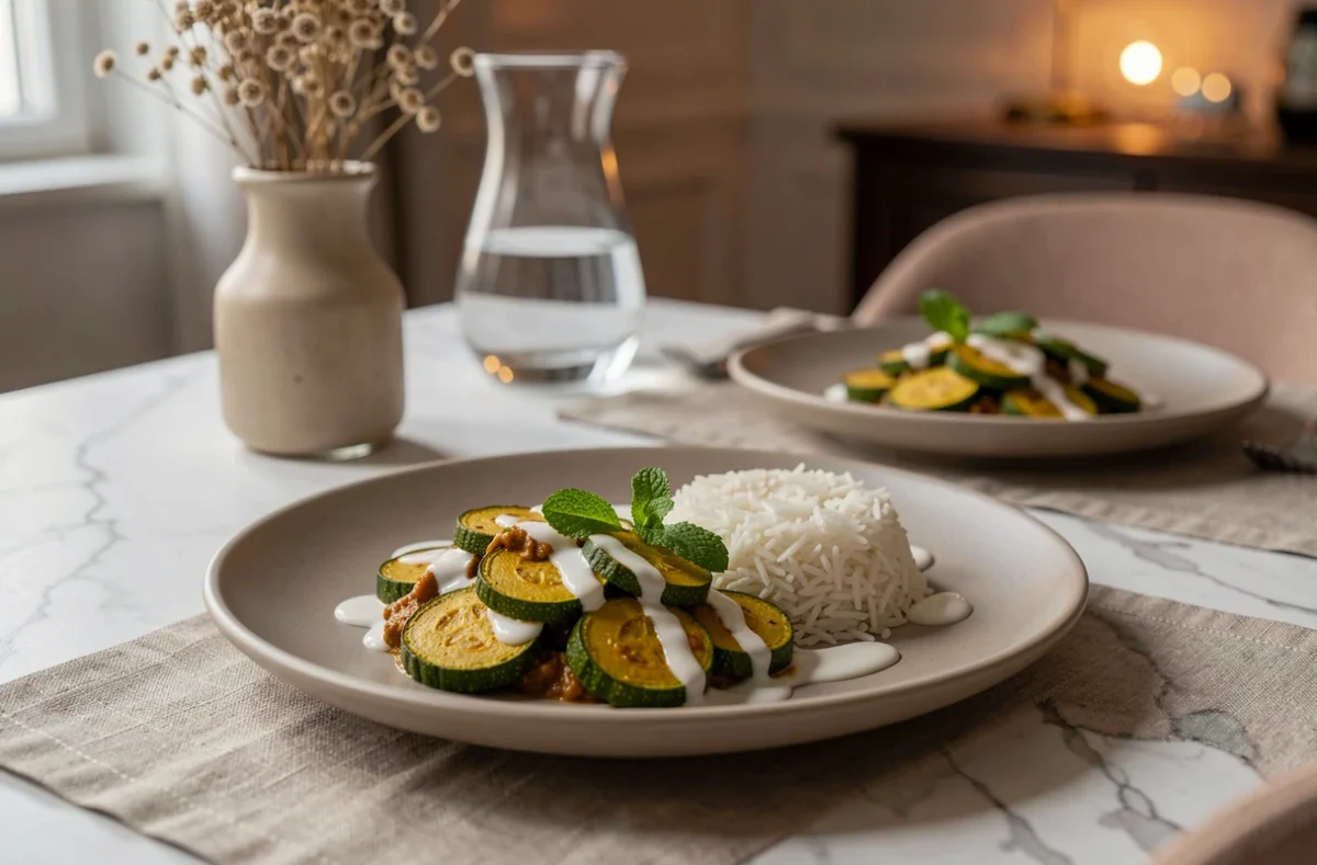 Assiette de courgettes sautées au curry doux avec du riz basmati et du lait de coco sur une table de salle à manger élégante