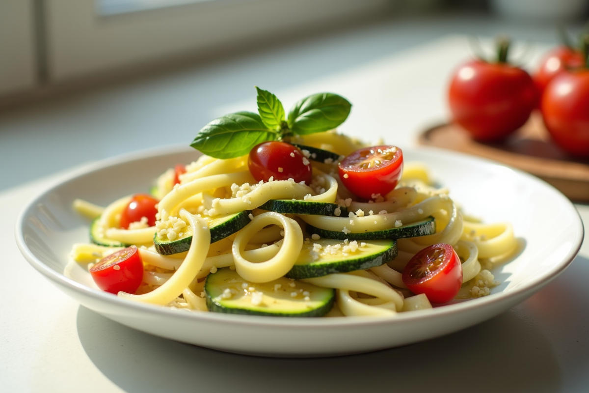 Assiette de tagliatelles de courgettes avec tomates cerises et basilic