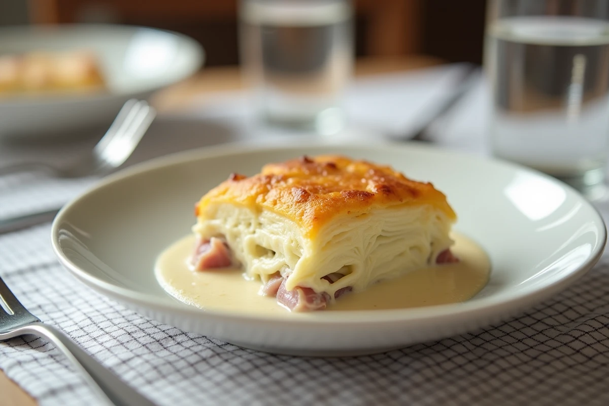 Portion d'endives au jambon sauce béchamel servie dans une assiette blanche sur une table familiale avec couvert d'enfant
