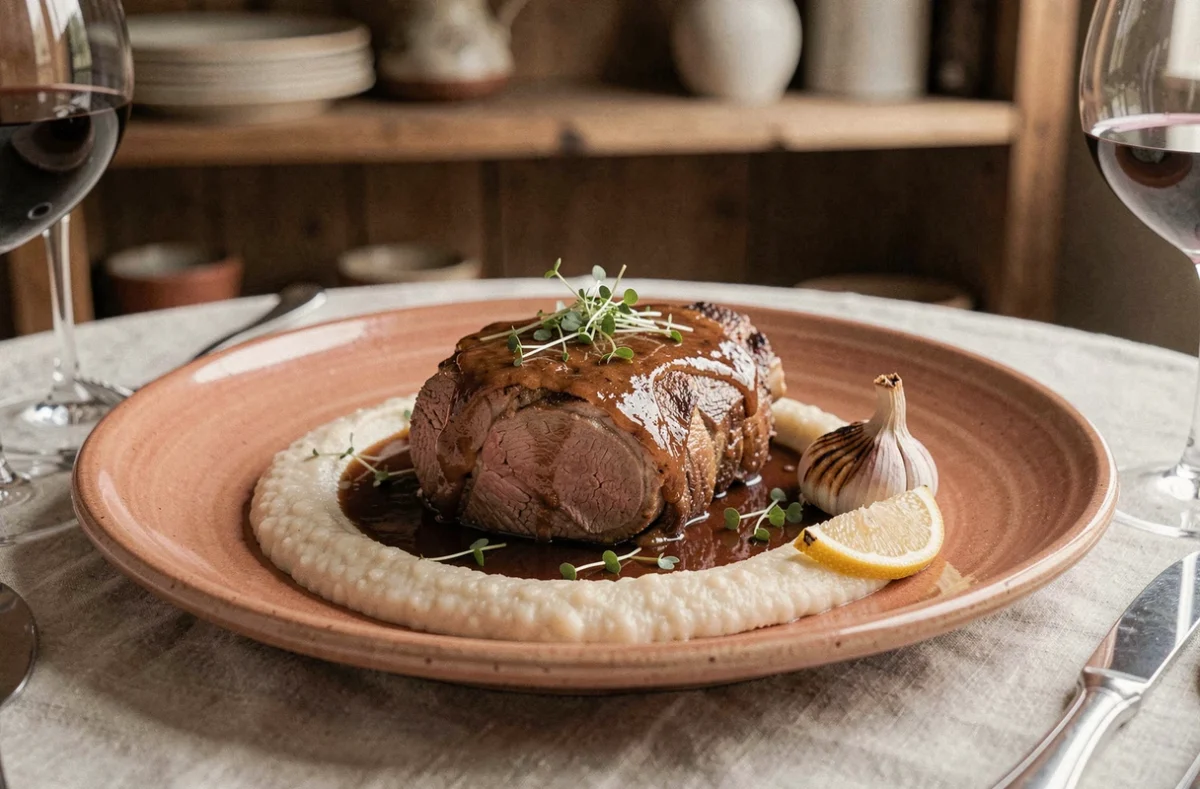 Assiette dressée d'épaule d'agneau confite basse température sur purée de haricots blancs avec jus corsé et herbes