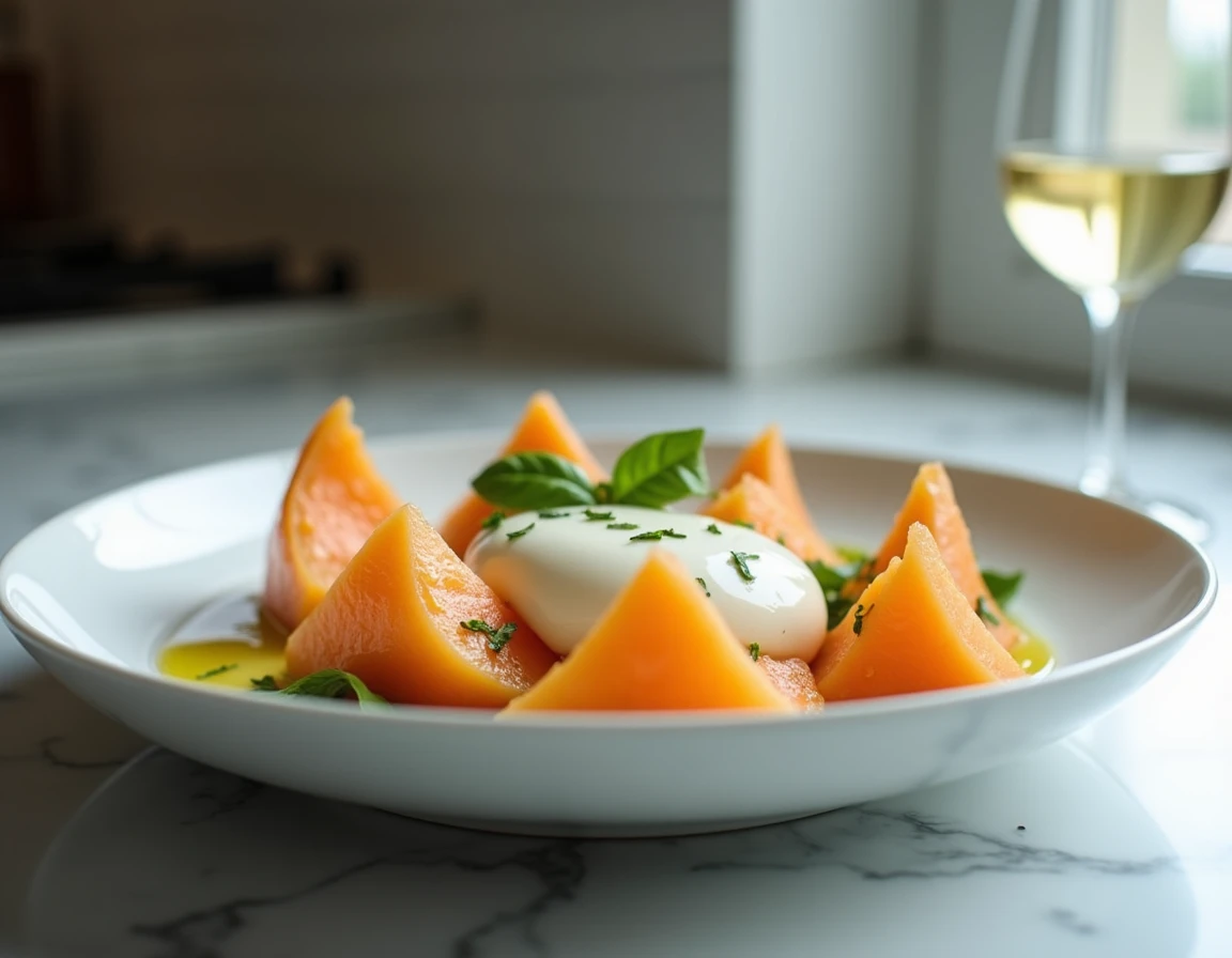Assiette estivale de melon avec burrata et basilic sur un comptoir en marbre pour un dîner frais et élégant