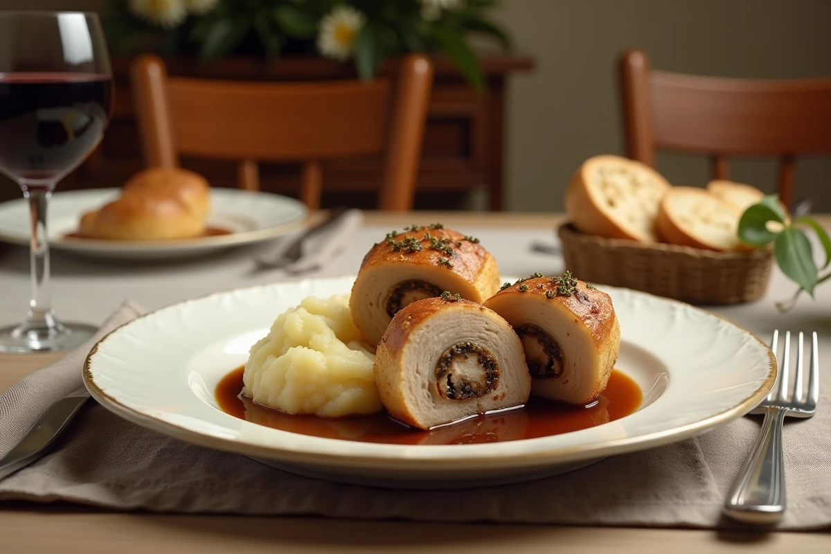Assiette de paupiettes de porc tranchées avec farce aux champignons, purée de pommes de terre et sauce brune