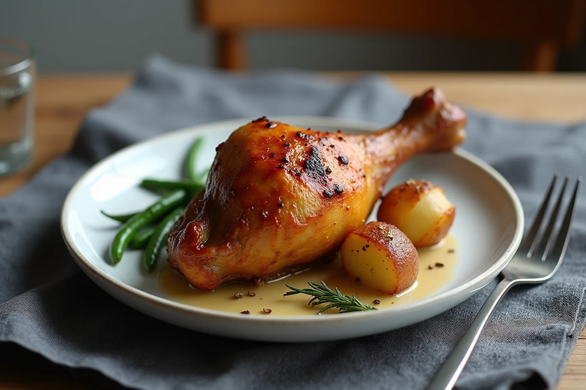 Pilon de poulet rôti au four servi dans une assiette blanche avec pommes de terre et haricots verts, vue de dessus