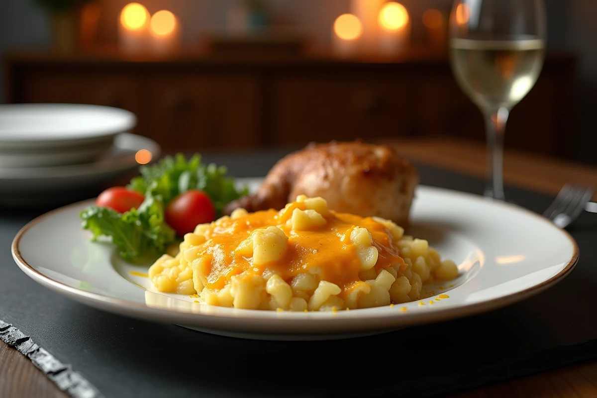 Assiette de pommes de terre écrasées au fromage servie avec un plat de poulet rôti pour un dîner convivial