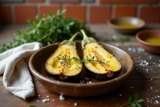 Aubergines coupées en deux, incisées en croisillons et assaisonnées d'huile d'olive, ail et thym, prêtes à cuire au four dans un plat en céramique rustique