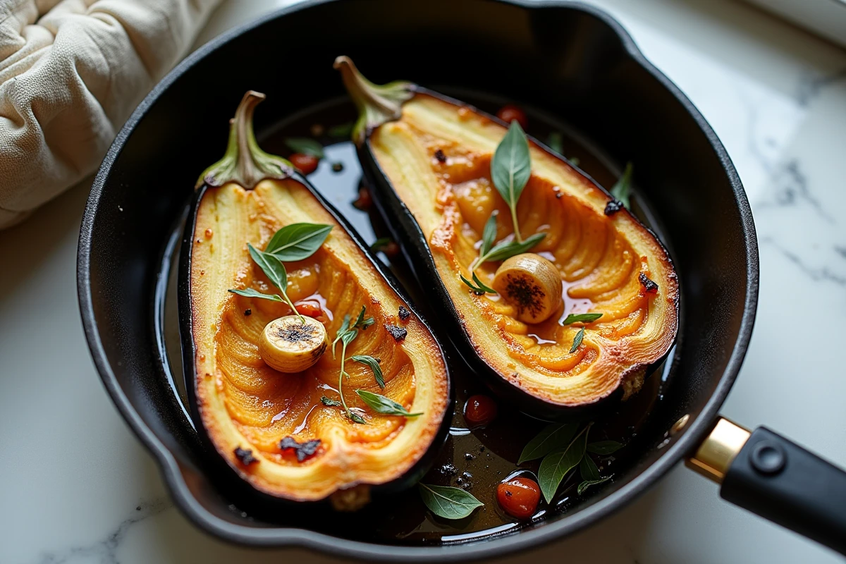 Aubergines rôties au four avec ail doré et herbes fraîches dans une poêle en fonte, caramélisées et fondantes après cuisson