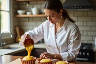 Femme en blouse blanche préparant des canelés dans la cuisine