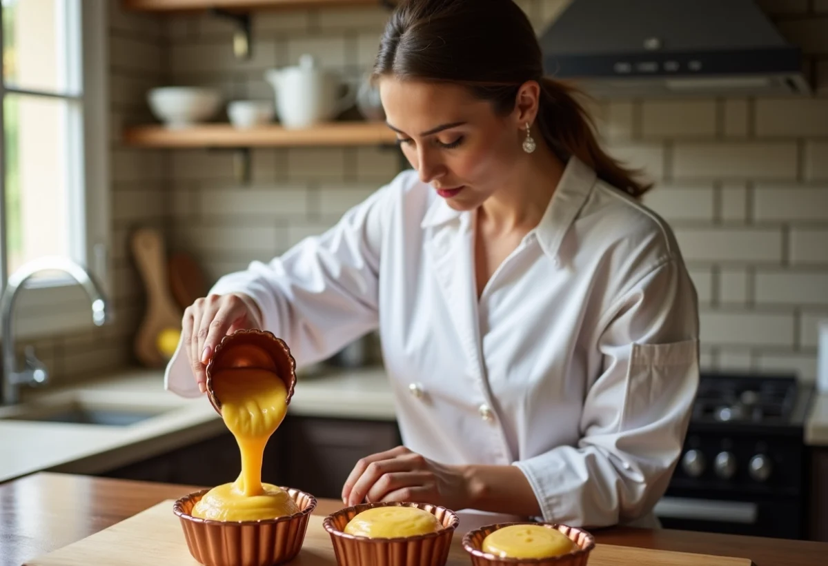 Femme en blouse blanche préparant des canelés dans la cuisine