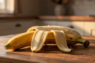 Banane épluchée posée sur une table de cuisine le soir