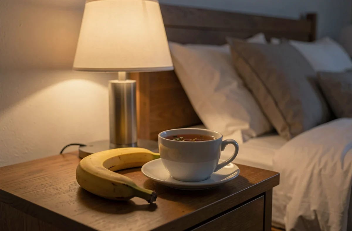 Banane et tasse de tisane sur une table de chevet