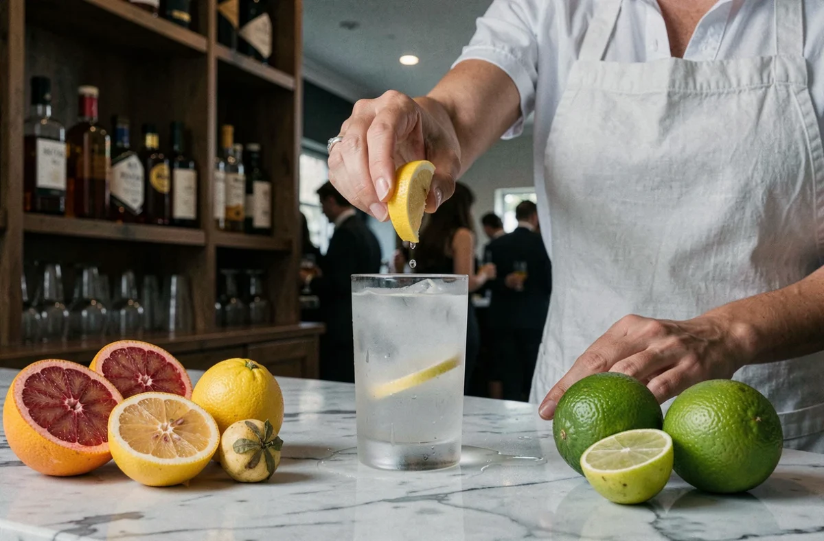 Barman pressant un citron sur un cocktail Ricard dans un bar parisien contemporain entouré d'agrumes variés sur comptoir en marbre
