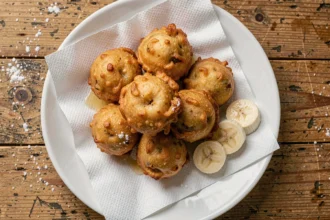 Beignets à la banane dorés dans une poêle avec peu d'huile, servis sur une assiette blanche avec du sucre glace