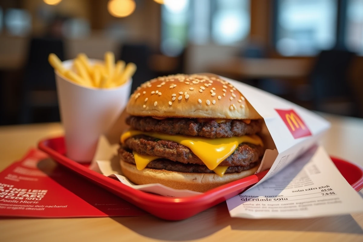 Un Big Mac posé sur son emballage avec une fiche de prix et des frites sur un plateau McDonald's en France