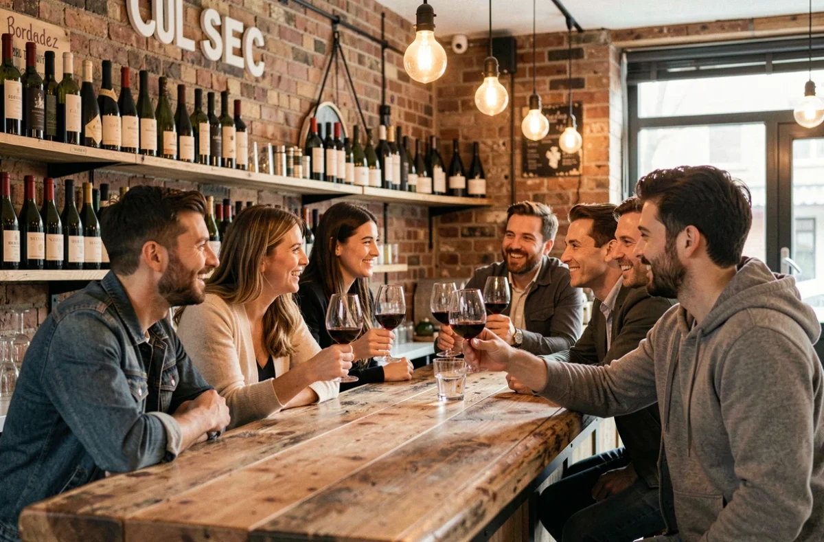 Groupe d'amis dégustant des vins naturels au bar du Bistrot Cul Sec à Bordeaux, décor industriel avec briques apparentes