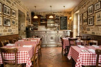 Intérieur typique d'un bistrot français en Nouvelle-Aquitaine avec bar en zinc, tables à carreaux rouges et blancs et menu ardoise