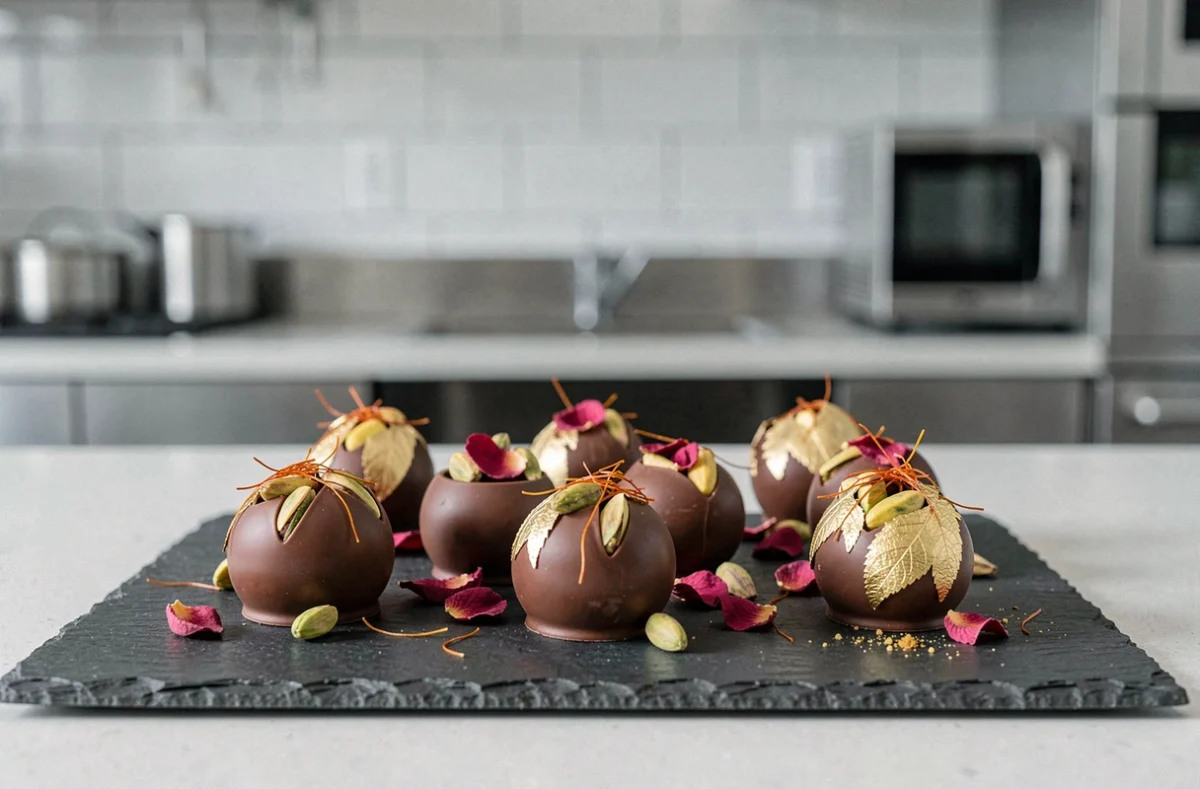 Assortiment de bonbons au chocolat au lait inspirés de Dubaï avec feuilles d'or, pistaches et pétales de rose sur ardoise