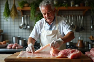 Boucher professionnel dépliant une crépine translucide sur un billot en bois dans un atelier de charcuterie traditionnel