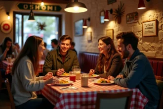 Groupe d'amis attablés dans un bouchon lyonnais traditionnel avec plats régionaux et décor rustique
