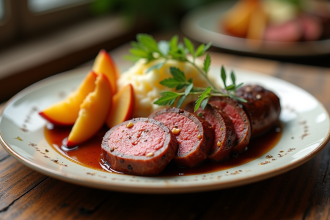 Assiette de boudin noir avec pommes caramélisées et purée