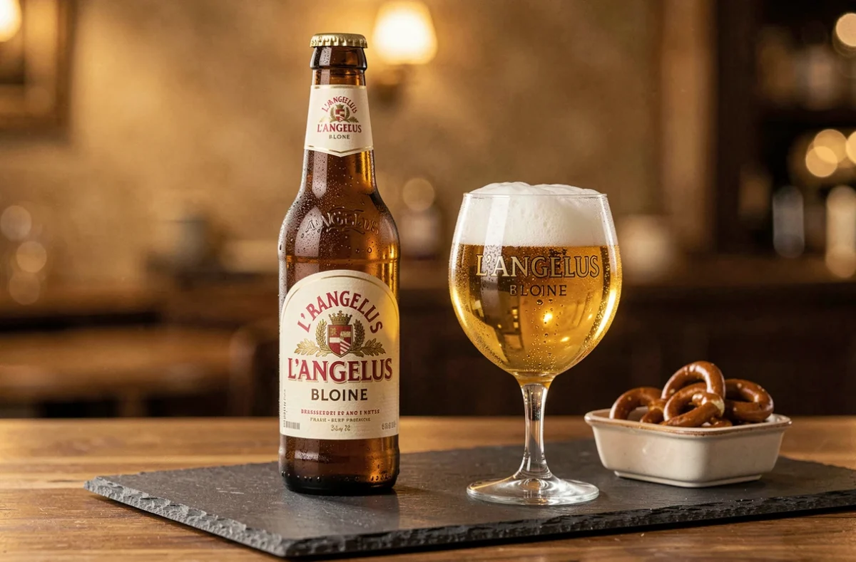 Bouteille et verre de L'Angelus Blonde de la Brasserie Angelus présentés sur une ardoise dans une brasserie du Nord