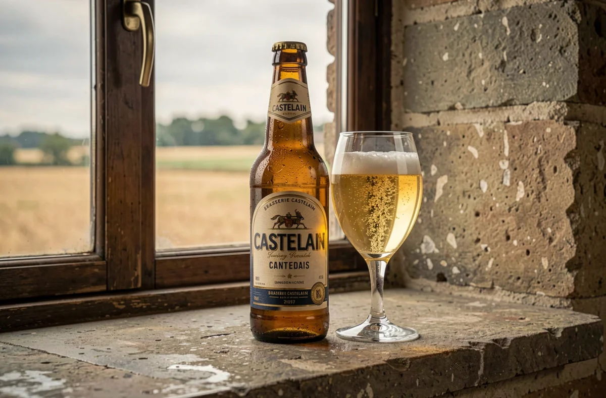 Bouteille de bière Castelain posée sur un rebord de fenêtre en pierre avec la campagne artésienne en arrière-plan flou