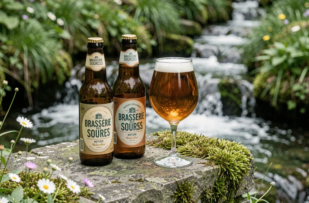 Bouteilles et verre de bière de la Brasserie des Sources posés sur une pierre mousseuse près d'un ruisseau naturel