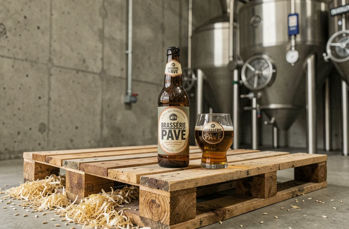 Bouteille de bière de la Brasserie du Pavé posée sur une palette en bois brut avec un décor industriel en arrière-plan