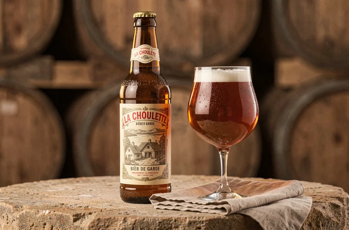 Bouteille de La Choulette bière de garde et son verre gobelet cuivré sur une table en pierre dans une brasserie du Nord