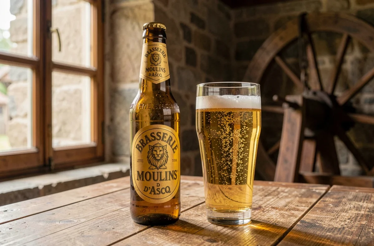Bouteille de bière des Moulins d'Ascq et son verre sur une table en bois près d'une fenêtre de moulin en pierre