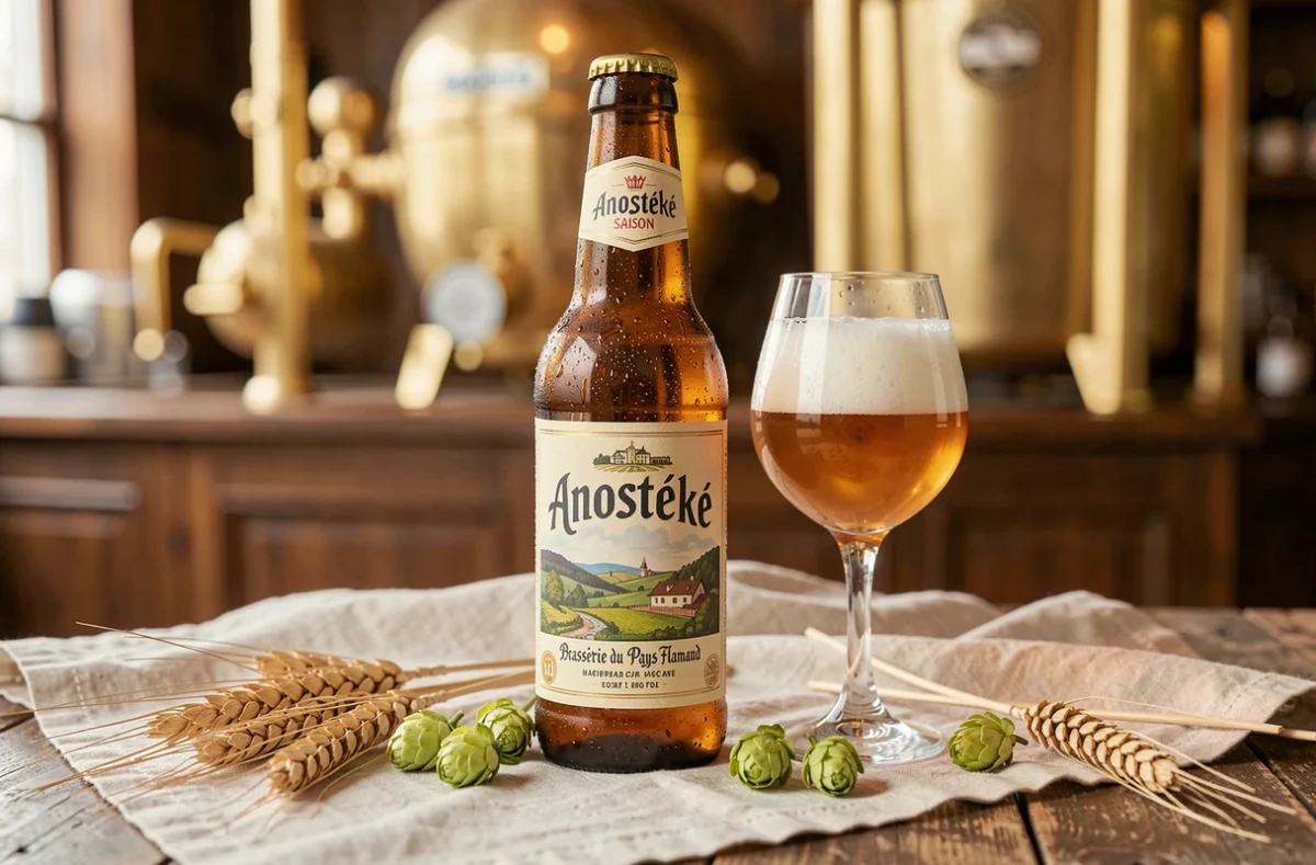 Bouteille et verre de bière Anostéké Saison de la Brasserie du Pays Flamand sur une table en bois rustique