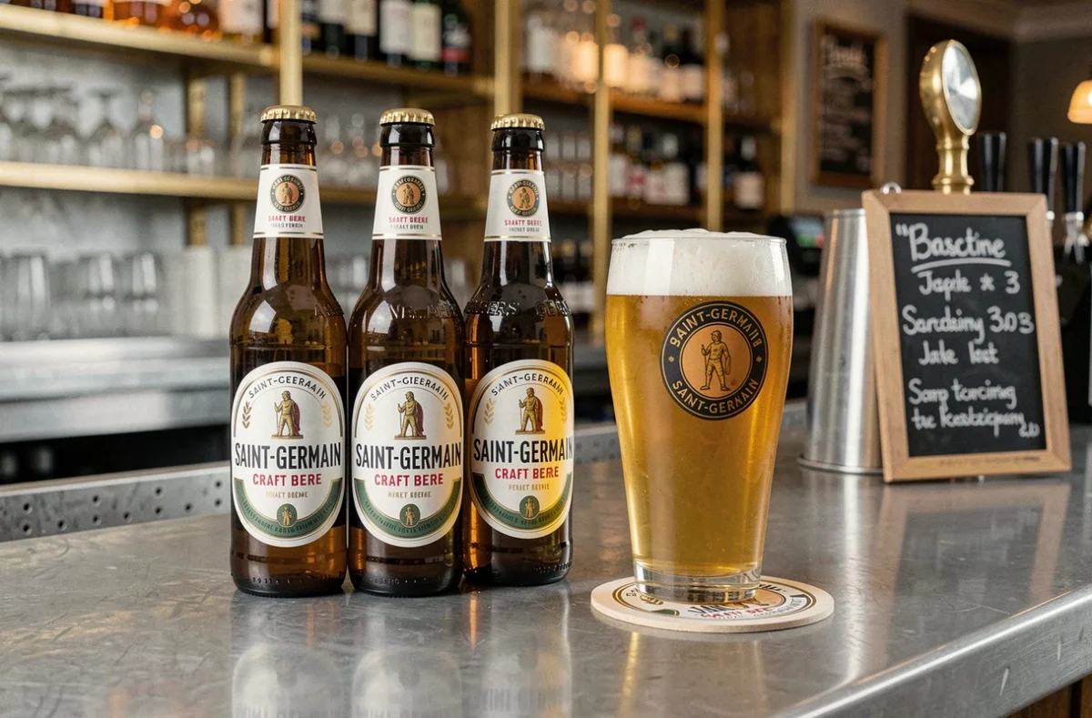 Bouteilles et verre de bière Saint-Germain sur un comptoir en zinc dans une brasserie artisanale du Nord-Pas-de-Calais