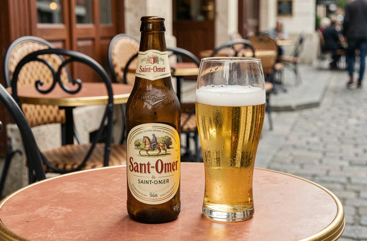 Bouteille et verre de bière Saint-Omer sur une table de bistrot avec une terrasse du nord de la France en arrière-plan
