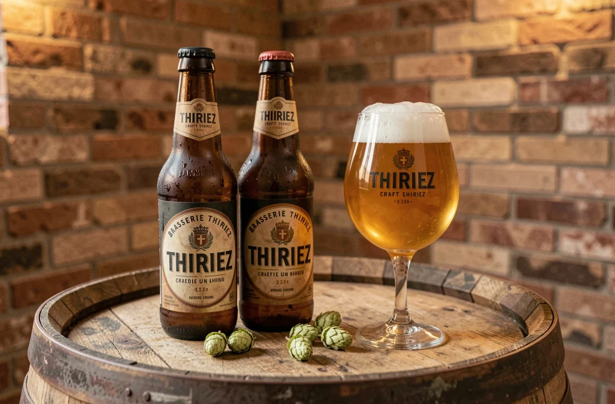 Bouteilles et verre de bière de la Brasserie Thiriez disposés sur un tonneau en chêne dans une brasserie artisanale
