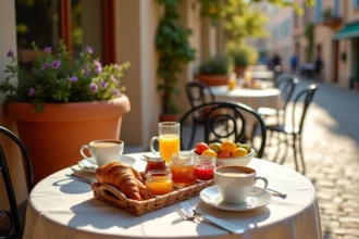 Table de brunch provençal en terrasse à Hyères avec croissants, confitures et café au lait après le marché du samedi