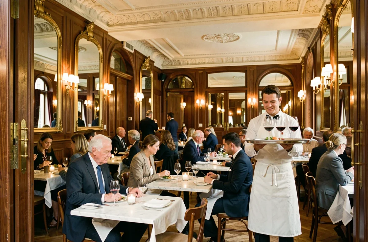 Salle de bistrot bordelais animée avec décor Belle Époque, miroirs dorés et tables en marbre au Café Français à Bordeaux