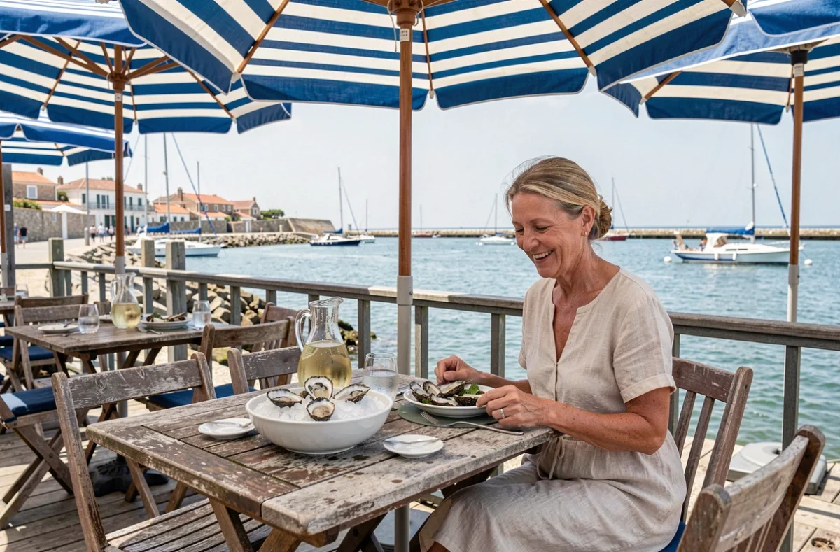 Terrasse du Café de la Plage Chez Pierre à Arcachon avec vue sur la baie, huîtres et vin blanc sous des parasols rayés