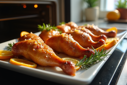 Aiguillettes de canard rôties sur un plat blanc avec herbes et oranges