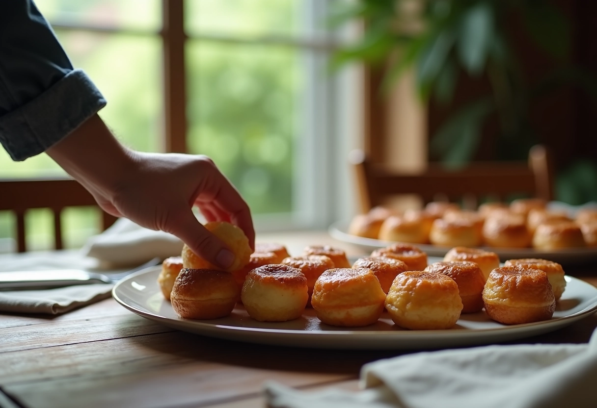 Gros plan de canelés fraîchement cuits sur un plateau en céramique