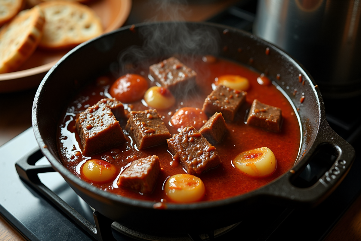 Gros plan sur la carbonade flamande en cuisson dans une cocotte