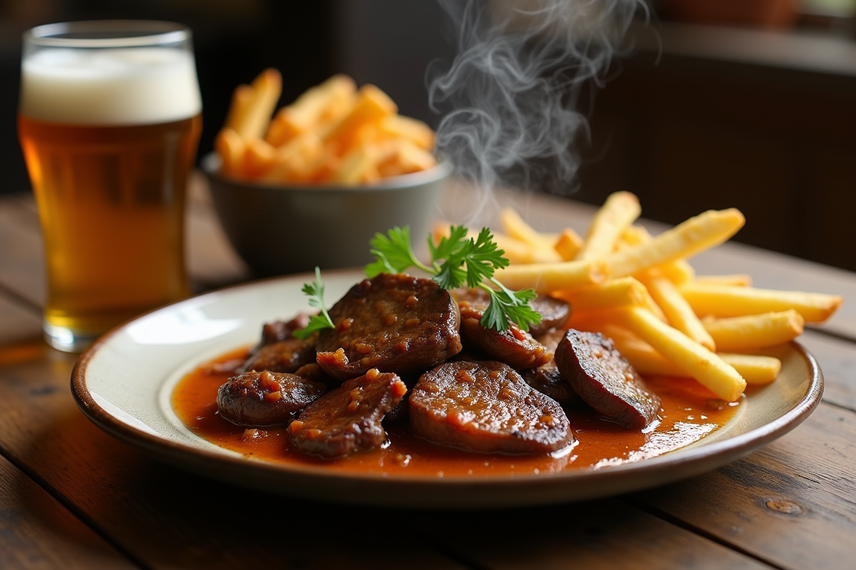 Assiette de carbonade flamande avec frites et bière belge