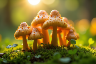 Champignons chanterelle dans un jardin en plein soleil