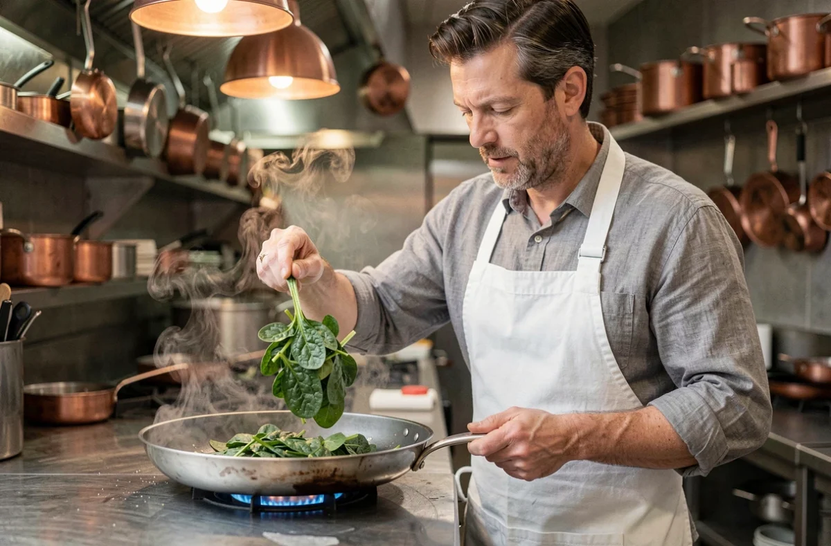 Chef cuisinier faisant sauter des épinards frais au beurre noisette dans une cuisine professionnelle