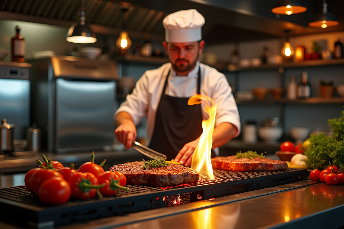 Chef en cuisine en train de griller une viande dans un bistro moderne