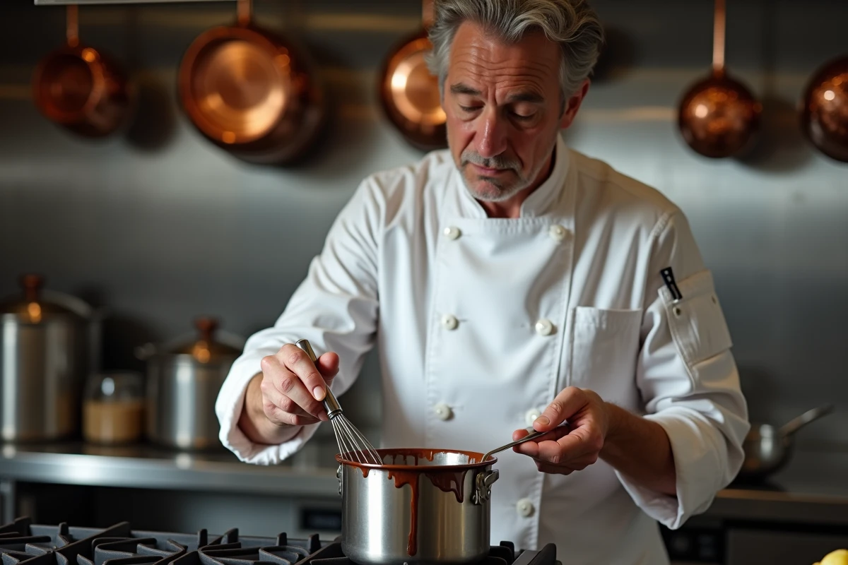 Chef pâtissier fouettant une crème pâtissière au chocolat dans une casserole en inox sur un fourneau professionnel